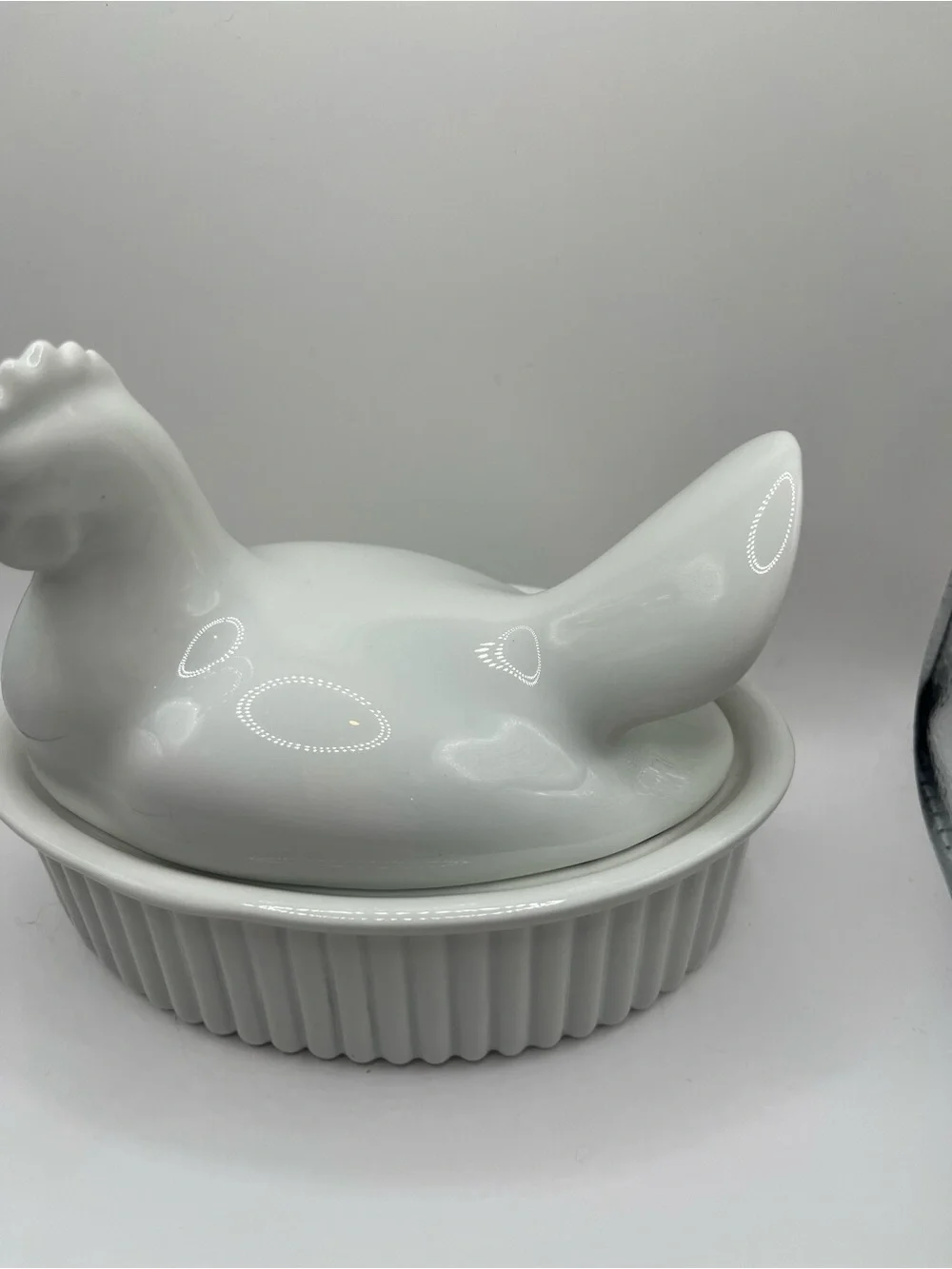 Crate & Barrel White Ceramic Hen on Nest Covered Dish